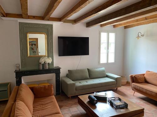 ein Wohnzimmer mit Sofa und Fernseher in der Unterkunft La Landaise in Castets