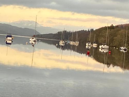 a group of boats sitting in the water at Woodmans Huts in Haverthwaite