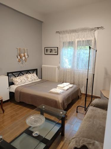 a bedroom with two beds and a glass table at Trikala Groundhouse in Rizareión