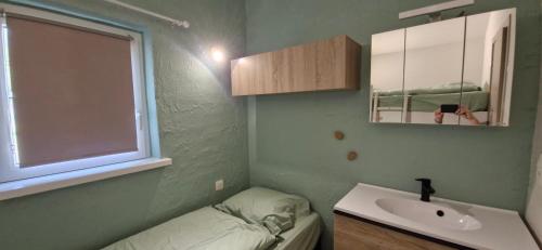 a small bathroom with a sink and a mirror at Casa Gaumaise - climatisation réversible et nature in Virton