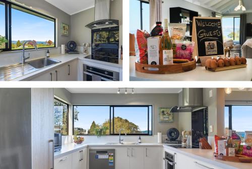 two pictures of a kitchen with a sink and windows at Hamurana Lakeview Farmhouse Luxury Retreat in Hamurana