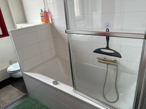 a shower with a glass door in a bathroom at Maison chic et cosy in Roye