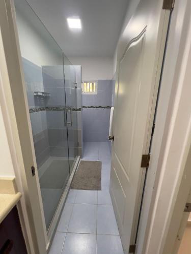 a bathroom with a walk in shower and a glass door at villa costeña piscina privada in San Felipe de Puerto Plata