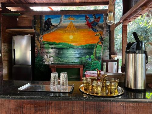 a kitchen with a counter with glasses and a painting at CasAmor Hostel in Alter do Chao