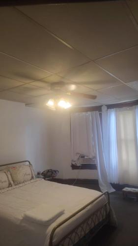 a bedroom with a bed and a ceiling with a window at Valley and city views in Steubenville