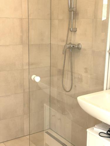 a shower with a glass door next to a sink at Danube Suites in Vienna