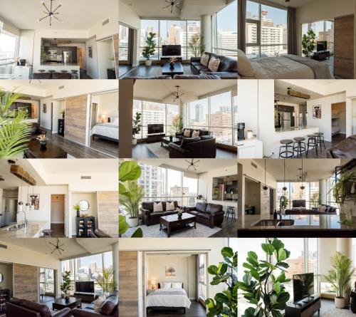 a collage of photos of a living room at City Views Walk to Calgary Tower and Stampede in Calgary
