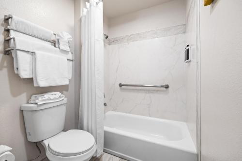 a white bathroom with a toilet and a shower at University Park Inn & Suites, an Ascend Collection Hotel in Davis
