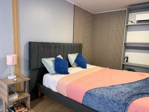 a bedroom with a bed with blue pillows on it at Casa M Villa Alemana in Villa Alemana