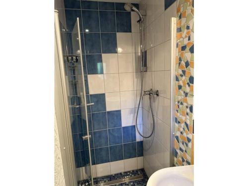 a bathroom with a shower with blue and white tiles at Holzer Feng Shui in Rettenberg