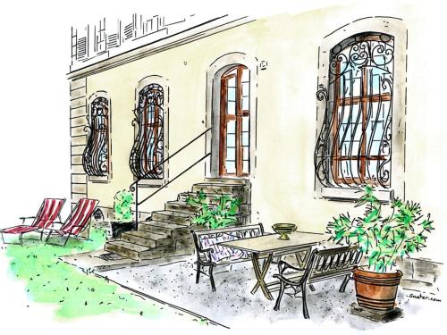 a drawing of a patio with benches and a table at Castle Apartment "Cook" in Maroldsweisach