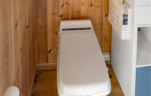 a white toilet in a room with wooden walls at Awesome Home In Kolbjørnsvik With House Sea View in Skarvedalen