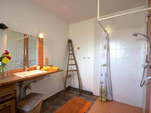 a bathroom with a shower and a sink and a ladder at Gîte paisible avec piscine intérieure et animaux acceptés - FR-1-496-132 in Saint-Priest-la-Prugne