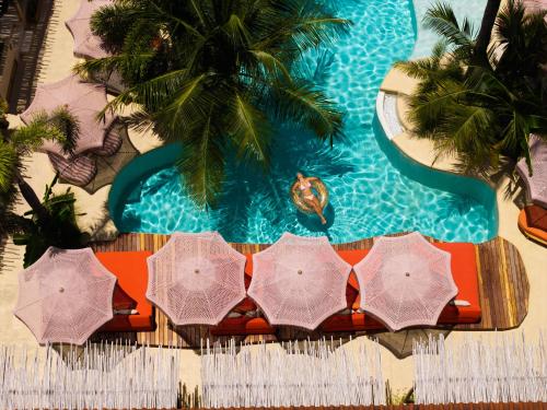 an overhead view of a swimming pool with umbrellas at Divino Gili Air in Gili Air