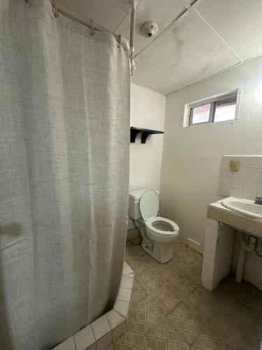 a bathroom with a toilet and a shower curtain at El Andén Lofts Centro in Monterrey