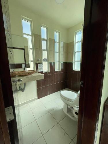 a bathroom with a toilet and a sink at Hotel Leilani in San Andrés Sinaxtla