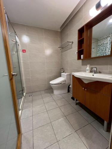 a bathroom with a toilet and a sink and a shower at Mille Rich Hotel in Taitung City