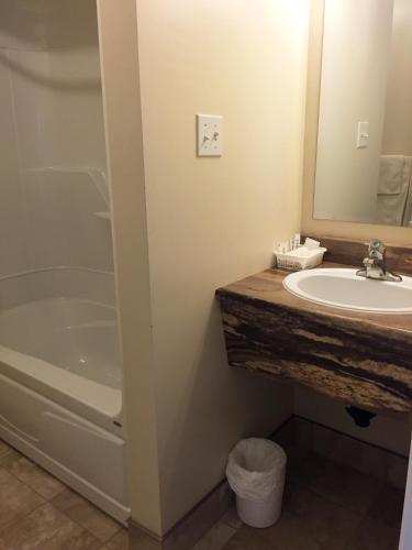a bathroom with a sink and a tub and a mirror at Motel L'Escale in Chambord