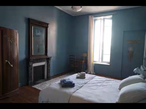 a blue bedroom with a bed and a window at Appartement Nr 1 Centre Ville 2 personnes 50m2 rénové in Tarbes