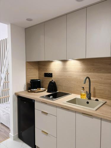a kitchen with white cabinets and a sink at TINTURA by BAST - Wanna, Antresola, OFF Piotrkowska, EC1 ,Stajnia Jednorożca, Winda, Parking na Terenie, Orientarium, Hopa Lupa, ATLAS ARENA in Łódź