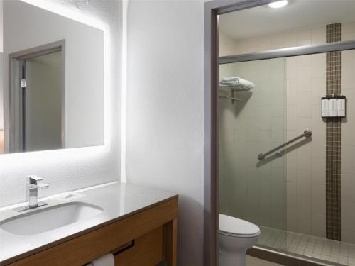 a bathroom with a sink and a toilet and a mirror at Hyatt Place Charlotte Arrowood in Charlotte