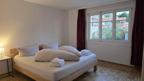 ロッハウにあるSunset View Apartment Bregenz Bodenseeの白いシーツと窓のあるベッドのある寝室