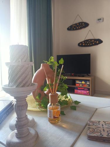 a living room with a table with a plant in a vase at Efi's House in Florina