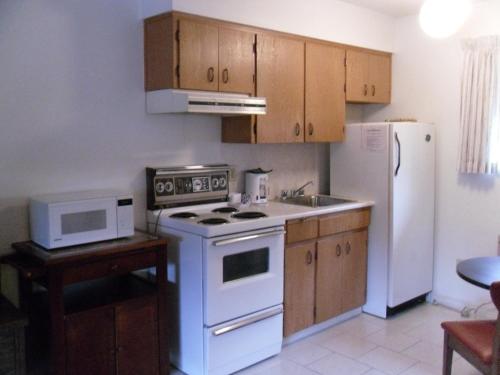 a kitchen with a white stove and a refrigerator at Canyon Alpine Motel in Boston Bar