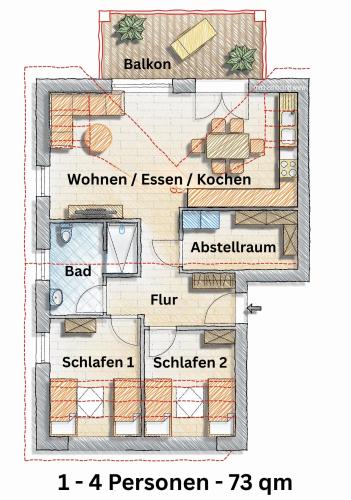Půdorys ubytování Ferienwohnung "Atlantis" Papenburg Balkon Einbauküche Neubau 74 qm Free Wifi 2 Schlafzimmer 4 Personen