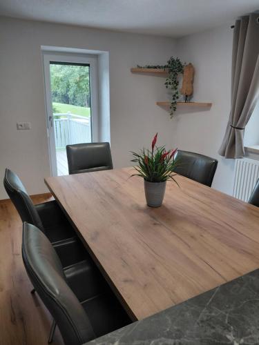 a dining room table with chairs and a potted plant on it at Ferienwohnung Kofler in Aurach am Hongar