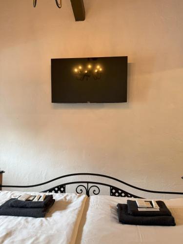 a bedroom with a bed with a tv on the wall at Hotel Plzeňský Dvůr in Frýdek-Místek
