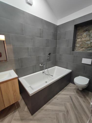 une salle de bain avec baignoire et toilettes dans l'établissement Gite Val des Cloches, à Tellin