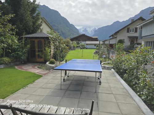 a blue ping pong table sitting on a patio at Jungfrau Family Holiday Home in Matten