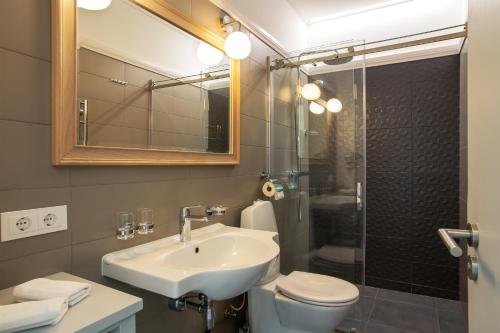 a bathroom with a sink and a toilet and a mirror at Hotel Sinchronas in Telšiai