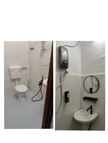 two pictures of a bathroom with a toilet and a sink at D'Raudhah Homestay Binjai Kemaman 