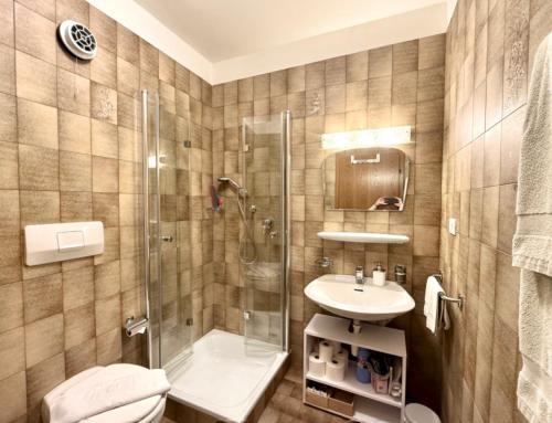 Un baño con ducha, lavabo e inodoro. en Apartment Almhof Vinschgau - Val Venosta, en Morter