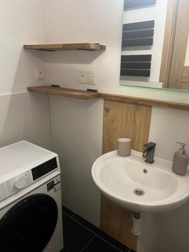 a bathroom with a sink and a toilet and a mirror at Apartmán Jonas - Riegrova 41 in Děčín