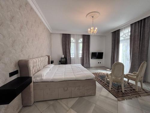 a bedroom with a bed and two chairs and a television at Palacio Suites Marbella in Marbella