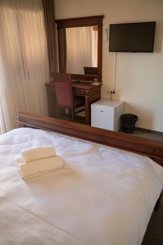 a bedroom with a bed with a desk and a television at Motel Zeta Lux in Mitrovići
