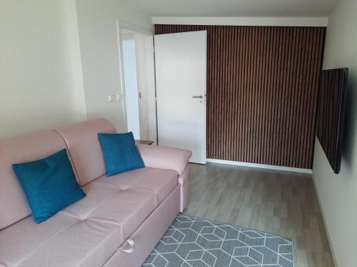 a living room with a pink couch with blue pillows at Pod hrází & Sedmé nebe in Staré Splavy