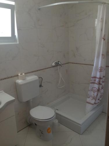 a bathroom with a toilet and a shower curtain at Apartment Marin in Grebaštica