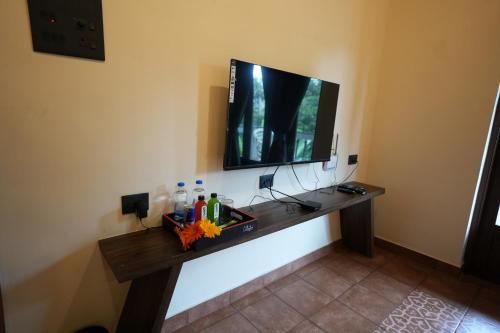 a television on a wall in a room at Hotel Lotus in Candolim