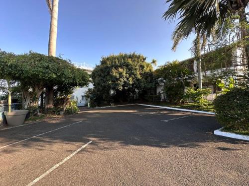 an empty parking lot with palm trees and a building at Hôtel Résidence Le Phoenix in Saint-Pierre