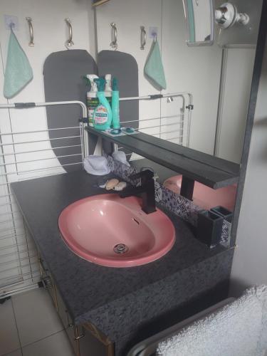 a bathroom with a pink sink and a mirror at Studio Agde 5 min from the sea in Agde