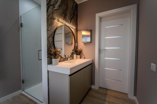 a bathroom with a sink and a mirror at Casa Deluxe in Sinteu - intersectia intre modern si linistea naturii in Şinteu