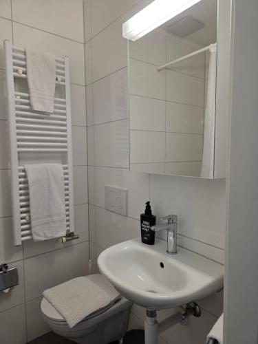 a white bathroom with a sink and a mirror at Hotel Salvi in Kreuzlingen