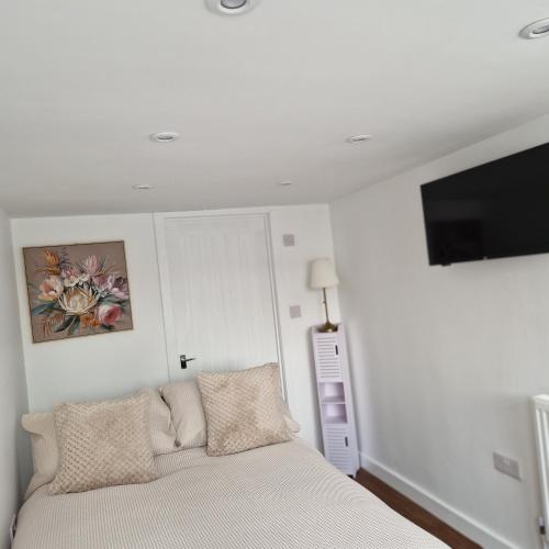 a bedroom with a bed and a flat screen tv at Welcoming ensuite bedroom in Wolverhampton