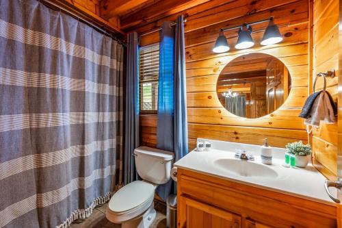 ein Badezimmer mit Toilette, Waschbecken und Spiegel in der Unterkunft Blackberry Cobbler - Private Fall Escape, Hot Tub, Scenic Views, Dogs in Pigeon Forge