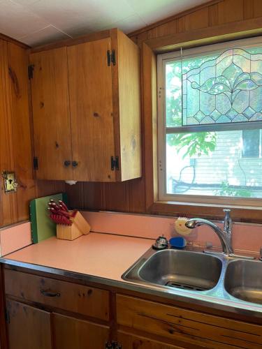 a kitchen with a sink and a window at The Lily Pad in Pinckney