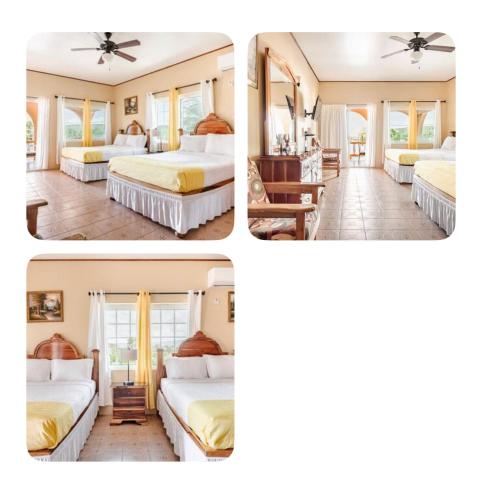 three pictures of a hotel room with two beds at Brytan Villa in Treasure Beach
